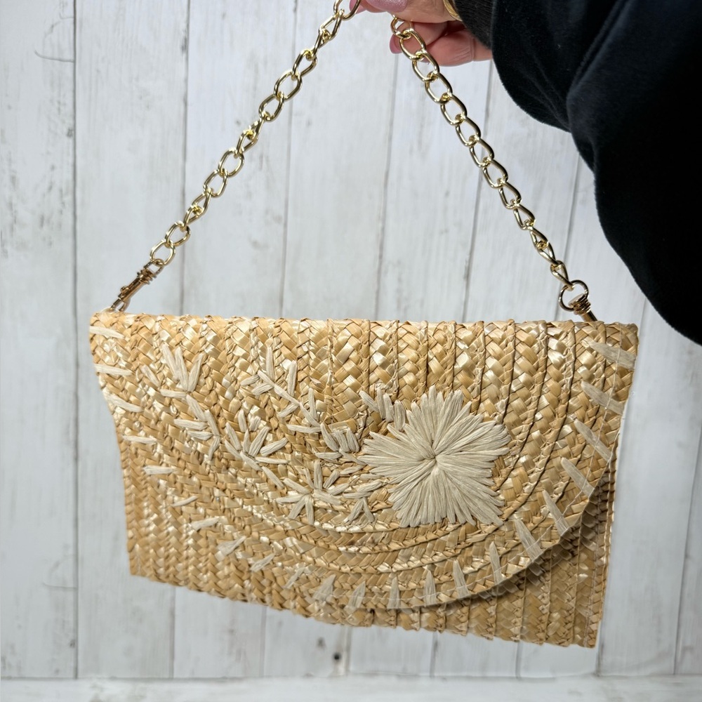 ENVELOPE Straw CLUTCH BAG snap Boho Beach Summer Chain Optional, embroidered